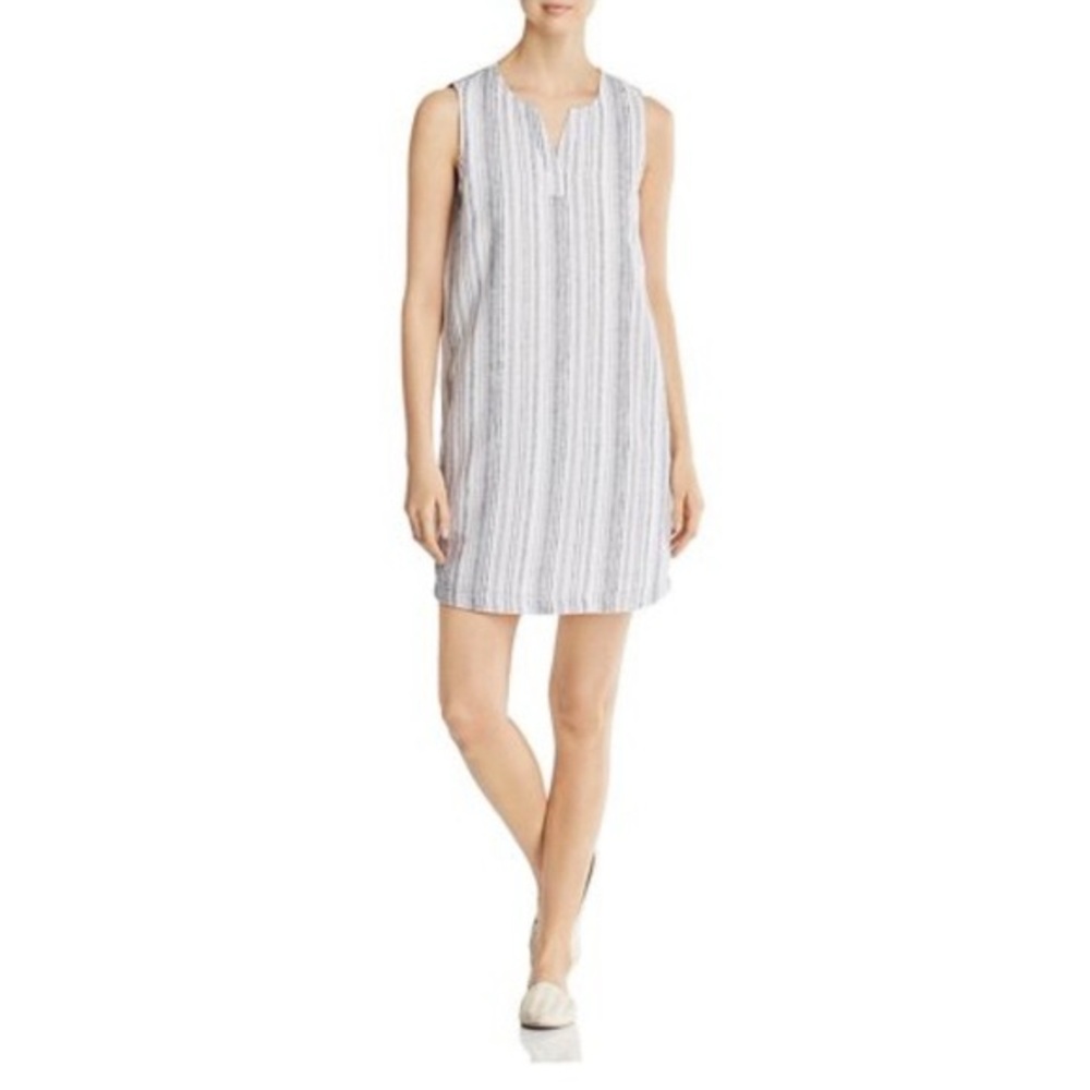 Beach lunch longe linen striped notch neck sleeveless dress grey white medium